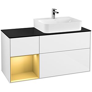 Villeroy et Boch Finion Villeroy et Boch G142HFGF 120cm, plaque de finition noir mat, Emotion, étagère gauche or mat, laqué blanc brillant