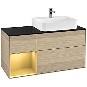 Villeroy und Boch Finion Waschtischunterschrank G142HFPC 120cm, Abdeckplatte black matt, Emotion, Regal links Gold matt, Oak Veneer