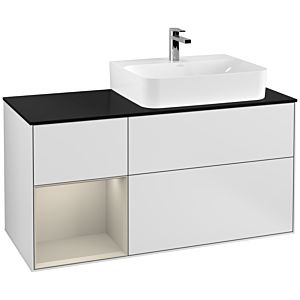 Villeroy und Boch Finion Waschtischunterschrank G142HHMT 120cm, Abdeckplatte black matt, Emotion, Regal links Sand Matt Lacquer, White matt lacquer