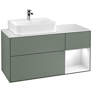 Villeroy und Boch Finion Waschtischunterschrank G151GFGM 120cm, Abdeckplatte white matt, Emotion, Regal links Glossy white lacquer, Olive Matt Lacquer