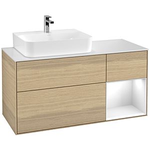 Villeroy et Boch Finion Villeroy et Boch G151GFPC 120cm, plaque de finition blanc mat, Emotion, étagère gauche laqué blanc brillant, Oak Veneer