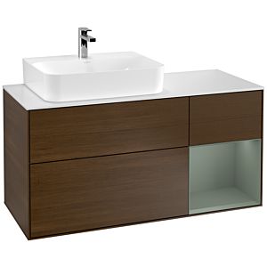 Villeroy und Boch Finion Waschtischunterschrank G151GMGN 120cm, Abdeckplatte white matt, Emotion, Regal links Olive Matt Lacquer, Walnut veneer