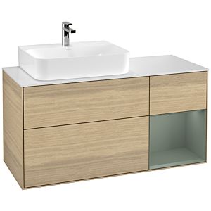 Villeroy und Boch Finion Waschtischunterschrank G151GMPC 120cm, Abdeckplatte white matt, Emotion, Regal links Olive Matt Lacquer, Oak Veneer