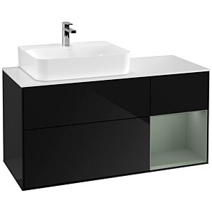 Villeroy und Boch Finion Waschtischunterschrank G151GMPH 120cm, Abdeckplatte white matt, Emotion, Regal links Olive Matt Lacquer, Glossy Black Lacquer