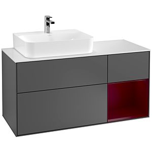 Villeroy und Boch Finion Waschtischunterschrank G151HBGK 120cm, Abdeckplatte white matt, Emotion, Regal links Peony, Anthracite matt