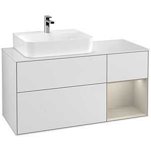 Villeroy und Boch Finion Waschtischunterschrank G151HHMT 120cm, Abdeckplatte white matt, Emotion, Regal links Sand Matt Lacquer, White matt lacquer
