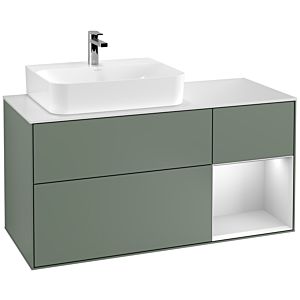 Villeroy et Boch Finion Villeroy et Boch G151MTGM 120cm, plaque de recouvrement blanc mat, Emotion, étagère gauche laqué blanc mat, Olive Matt Lacquer