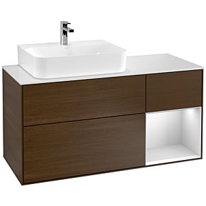Villeroy und Boch Finion Waschtischunterschrank G151MTGN 120cm, Abdeckplatte white matt, Emotion, Regal links White matt lacquer, Walnut veneer