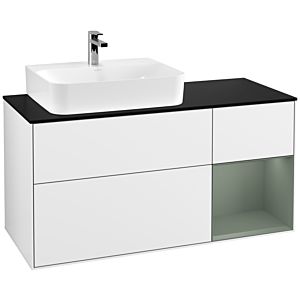 Villeroy und Boch Finion Waschtischunterschrank G152GMGF 120cm, Abdeckplatte black matt, Emotion, Regal links Olive Matt Lacquer, Glossy white lacquer