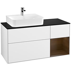 Villeroy und Boch Finion Waschtischunterschrank G152GNGF 120cm, Abdeckplatte black matt, Emotion, Regal links Walnut veneer, Glossy white lacquer