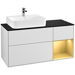 Villeroy und Boch Finion Waschtischunterschrank G152HFMT 120cm, Abdeckplatte black matt, Emotion, Regal links Gold matt, White matt lacquer