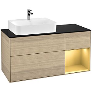 Villeroy und Boch Finion Waschtischunterschrank G152HFPC 120cm, Abdeckplatte black matt, Emotion, Regal links Gold matt, Oak Veneer
