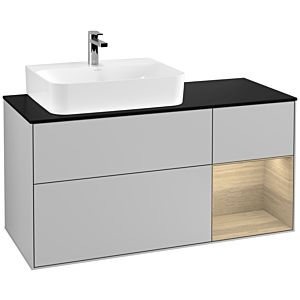 Villeroy und Boch Finion Waschtischunterschrank G152PCGJ 120cm, Abdeckplatte black matt, Emotion, Regal links Oak Veneer, Light grey matt
