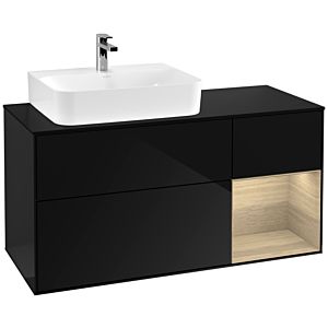 Villeroy und Boch Finion Waschtischunterschrank G152PCPH 120cm, Abdeckplatte black matt, Emotion, Regal links Oak Veneer, Glossy Black Lacquer