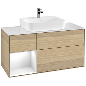 Villeroy und Boch Finion Waschtischunterschrank G161GFPC 120cm, Abdeckplatte white matt, Emotion, Regal links Glossy white lacquer, Oak Veneer