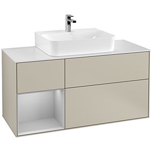 Villeroy und Boch Finion Waschtischunterschrank G161GJHH 120cm, Abdeckplatte white matt, Emotion, Regal links Light grey matt, Sand Matt Lacquer