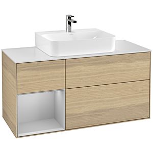 Villeroy und Boch Finion Waschtischunterschrank G161GJPC 120cm, Abdeckplatte white matt, Emotion, Regal links Light grey matt, Oak Veneer
