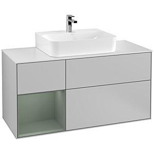 Villeroy und Boch Finion Waschtischunterschrank G161GMGJ 120cm, Abdeckplatte white matt, Emotion, Regal links Olive Matt Lacquer, Light grey matt