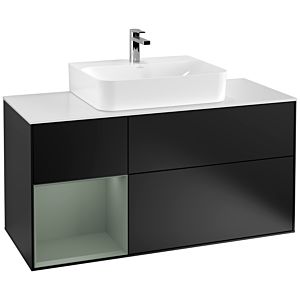 Villeroy und Boch Finion Waschtischunterschrank G161GMPD 120cm, Abdeckplatte white matt, Emotion, Regal links Olive Matt Lacquer, Black matt lacquer