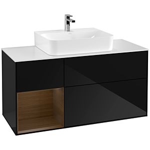 Villeroy und Boch Finion Waschtischunterschrank G161GNPH 120cm, Abdeckplatte white matt, Emotion, Regal links Walnut veneer, Glossy Black Lacquer