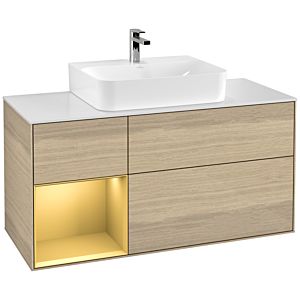 Villeroy und Boch Finion Waschtischunterschrank G161HFPC 120cm, Abdeckplatte white matt, Emotion, Regal links Gold matt, Oak Veneer