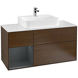 Villeroy und Boch Finion Waschtischunterschrank G161HGGN 120cm, Abdeckplatte white matt, Emotion, Regal links Midnight Blue Matt Lacquer, Walnut veneer
