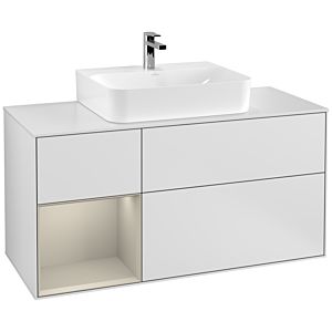 Villeroy und Boch Finion Waschtischunterschrank G161HHMT 120cm, Abdeckplatte white matt, Emotion, Regal links Sand Matt Lacquer, White matt lacquer