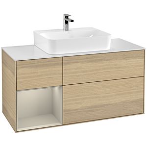 Villeroy und Boch Finion Waschtischunterschrank G161HHPC 120cm, Abdeckplatte white matt, Emotion, Regal links Sand Matt Lacquer, Oak Veneer