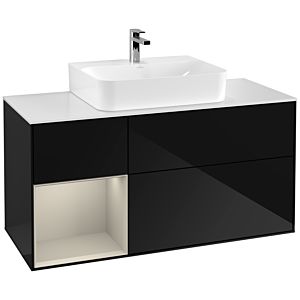 Villeroy und Boch Finion Waschtischunterschrank G161HHPH 120cm, Abdeckplatte white matt, Emotion, Regal links Sand Matt Lacquer, Glossy Black Lacquer