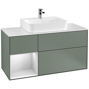 Villeroy und Boch Finion Waschtischunterschrank G161MTGM 120cm, Abdeckplatte white matt, Emotion, Regal links White matt lacquer, Olive Matt Lacquer