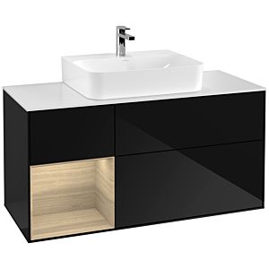 Villeroy und Boch Finion Waschtischunterschrank G161PCPH 120cm, Abdeckplatte white matt, Emotion, Regal links Oak Veneer, Glossy Black Lacquer