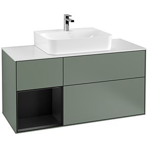 Villeroy et Boch Finion Villeroy et Boch G161PDGM 120cm, plaque de recouvrement blanc mat, Emotion, étagère gauche laqué noir mat, Olive Matt Lacquer