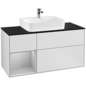 Villeroy und Boch Finion Waschtischunterschrank G162GJMT 120cm, Abdeckplatte black matt, Emotion, Regal links Light grey matt, White matt lacquer