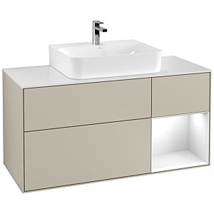 Villeroy und Boch Finion Waschtischunterschrank G171GFHH 120cm, Abdeckplatte white matt, Emotion, Regal rechts Glossy white lacquer, Sand Matt Lacquer