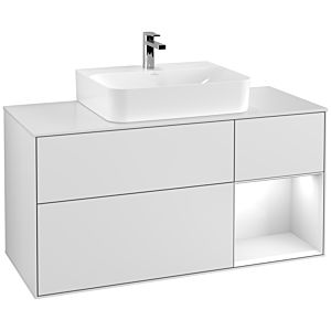 Villeroy et Boch Finion Villeroy et Boch G171GFMT 120cm, plaque de recouvrement blanc mat, Emotion, étagère à droite laqué blanc brillant, laqué blanc mat