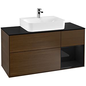 Villeroy und Boch Finion Waschtischunterschrank G172PHGN 120cm, Abdeckplatte black matt, Emotion, Regal rechts Glossy Black Lacquer, Walnut veneer