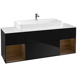 Villeroy und Boch Finion Waschtischunterschrank G211GNPH 160cm, Abdeckplatte white matt, Emotion, Regale Walnut veneer, Glossy Black Lacquer
