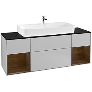 Villeroy und Boch Finion Waschtischunterschrank G212GNGJ 160cm, Abdeckplatte black matt, Emotion, Regale Walnut veneer, Light grey matt