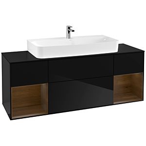 Villeroy und Boch Finion Waschtischunterschrank G212GNPH 160cm, Abdeckplatte black matt, Emotion, Regale Walnut veneer, Glossy Black Lacquer