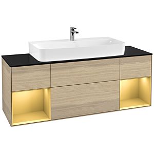 Villeroy und Boch Finion Waschtischunterschrank G212HFPC 160cm, Abdeckplatte black matt, Emotion, Regale Gold matt lacquer, Oak Veneer