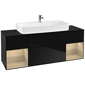Villeroy und Boch Finion Waschtischunterschrank G212PCPH 160cm, Abdeckplatte black matt, Emotion, Regale Oak Veneer, Glossy Black Lacquer
