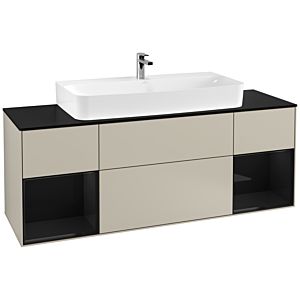 Villeroy und Boch Finion Waschtischunterschrank G212PHHH 160cm, Abdeckplatte black matt, Emotion, Regale Glossy black lacquer, Sand Matt Lacquer