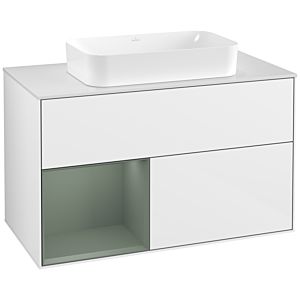 Villeroy und Boch Finion Waschtischunterschrank G241GMGF 100cm, Abdeckplatte white matt, Emotion, Regal links Olive Matt Lacquer, Glossy white lacquer