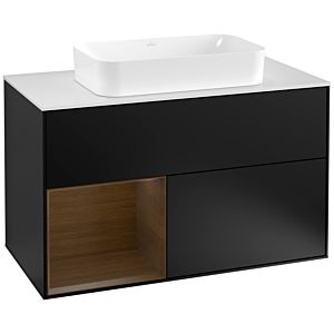 Villeroy und Boch Finion Waschtischunterschrank G241GNPD 100cm, Abdeckplatte white matt, Emotion, Regal links Walnut veneer, Black matt lacquer