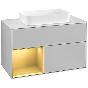 Villeroy und Boch Finion Waschtischunterschrank G241HFGJ 100cm, Abdeckplatte white matt, Emotion, Regal links Gold matt, Light grey matt