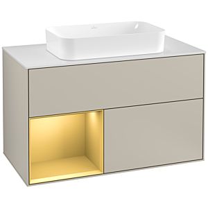 Villeroy und Boch Finion Waschtischunterschrank G241HFHH 100cm, Abdeckplatte white matt, Emotion, Regal links Gold matt, Sand Matt Lacquer