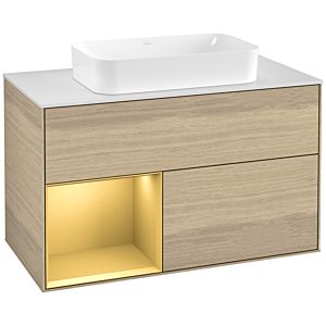 Villeroy und Boch Finion Waschtischunterschrank G241HFPC 100cm, Abdeckplatte white matt, Emotion, Regal links Gold matt, Oak Veneer