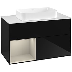 Villeroy und Boch Finion Waschtischunterschrank G241HHPH 100cm, Abdeckplatte white matt, Emotion, Regal links Sand Matt Lacquer, Glossy Black Lacquer