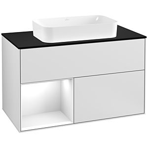 Villeroy und Boch Finion Waschtischunterschrank G242GFMT 100cm, Abdeckplatte black matt, Emotion, Regal links Glossy white lacquer, White matt lacquer