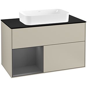 Villeroy und Boch Finion Waschtischunterschrank G242GKHH 100cm, Abdeckplatte black matt, Emotion, Regal links Anthracite matt, Sand Matt Lacquer